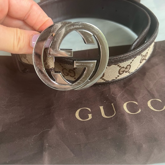 Authentic ✨Vintage Gucci GG Canvas & Brown Leather Interlocking G Belt 90/36 - Picture 6 of 11